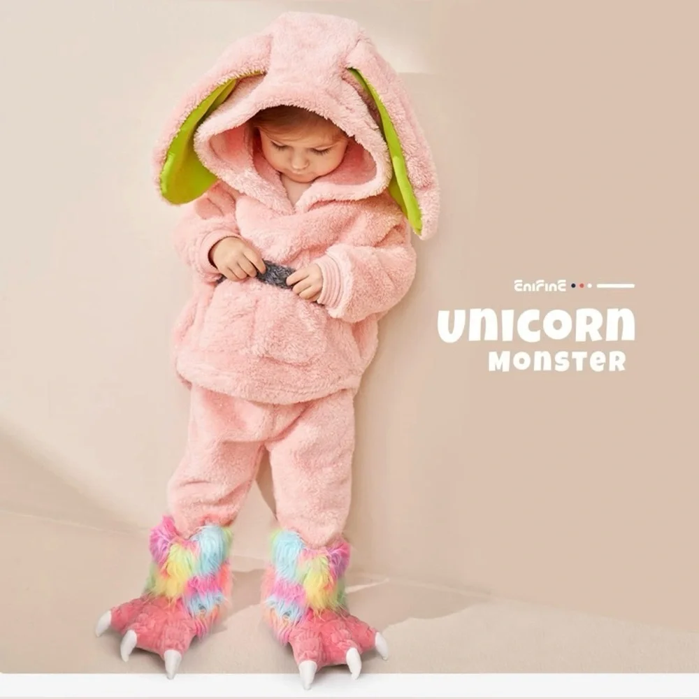 Girls Animal Furry Paw Slippers with Non-Slip Suede